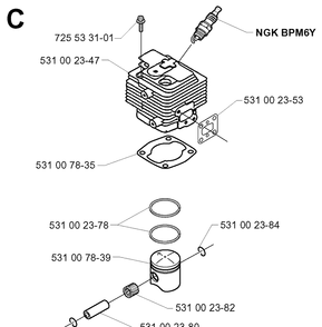 Cylinder Piston Diagram and Parts List for 132R 19994000001-20050100000 Husqvarna Brush Cutter