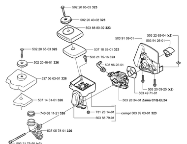 Air Filter / Carburetor Diagram and Parts List for 326C 2006-04 Husqvarna Trimmer