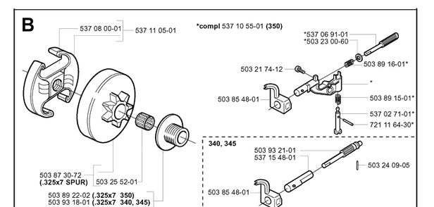 Clutch And Oil Pump Diagram and Parts List for 340 20041000001-Current Husqvarna Chainsaw