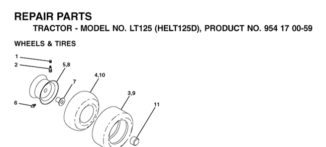 Wheels And Tires Diagram and Parts List for LT125 (HELT125D)(2002-06) Husqvarna Lawn Tractor
