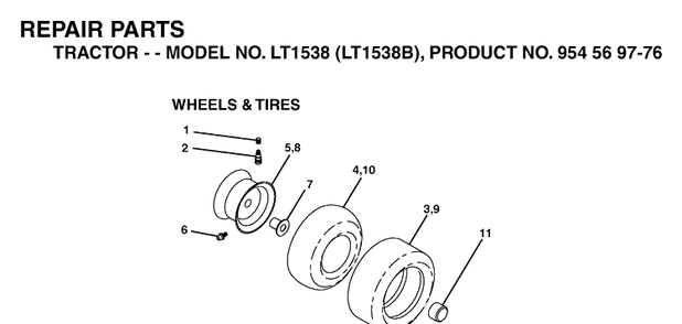 Wheels And Tires Diagram and Parts List for LT1538-LT1538B 2002-11 Husqvarna Lawn Tractor