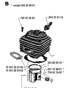 Cylinder Piston Diagram and Parts List for 265RX 19921800001-19954500000 Husqvarna Brush Cutter