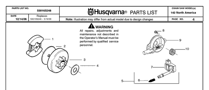 Clutch And Oil Pump Diagram and Parts List for 142 20064900001-20070100000 Husqvarna Chainsaw