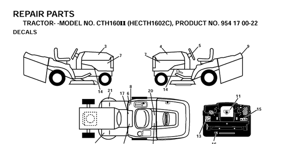Decals Diagram and Parts List for CTH160II (HECTH1602C)(2001-02) Husqvarna Lawn Tractor