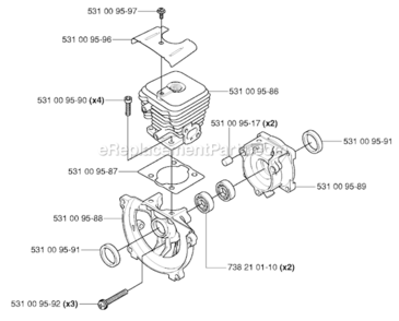 Cylinder  Crankcase Diagram and Parts List for 125BT 2004-10 Husqvarna Leaf Blower / Vacuum