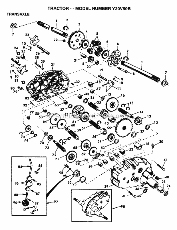 Transaxle Diagram and Parts List for Y20V50B 1995 Husqvarna Lawn Tractor