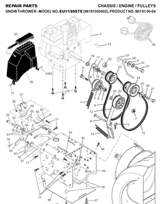 Chassis, Engine And Pulleys Diagram and Parts List for 1130STE (96191000402)(2007-01) Husqvarna Snow Blower