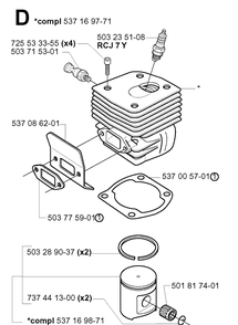 Cylinder Piston Diagram and Parts List for 385XP 20011300001-20034000000 Husqvarna Chainsaw