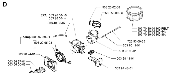 Carburetor And Air Filter Diagram and Parts List for 395XP/ (XPG)(20010100001-20034000000) Husqvarna Chainsaw