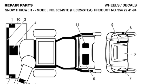Decals Diagram and Parts List for 8524STE (HL8524STEA)(2004-08) Husqvarna Snow Blower