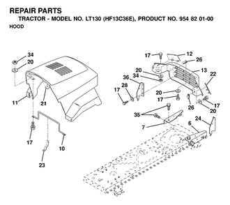 Hood Diagram and Parts List for LT130 (954820100-E)(2000-02) Husqvarna Lawn Tractor