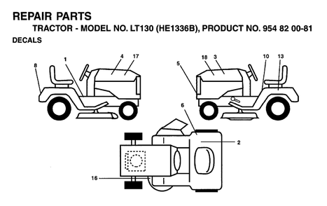 Decals Diagram and Parts List for LT130 (954820081-B)(1996-01) Husqvarna Lawn Tractor