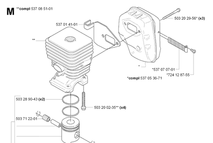 Cylinder, Piston And Muffler Diagram and Parts List for 326HE3 (X-SERIES)(20090900001-Current)(2009) Husqvarna Hedge Trimmer