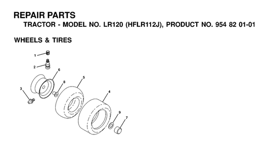 Wheels And Tires Diagram and Parts List for LR120 (954820101-J)(2000-02) Husqvarna Lawn Tractor