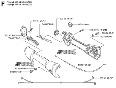 Handle And Controls Diagram and Parts List for 325HDA55X 20053600001 - 20054000000 Husqvarna Hedge Trimmer