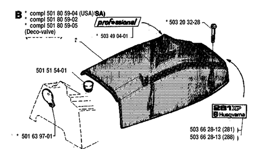 Cover Diagram and Parts List for 288 19933600001-19974900000 Husqvarna Chainsaw