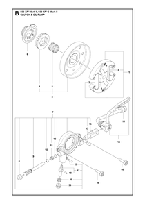 Clutch And Oil Pump Diagram and Parts List for 550XP-XPG Mark II Husqvarna Chainsaw