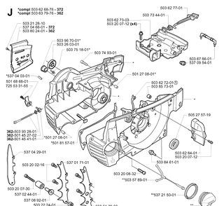 Crankcase Diagram and Parts List for 372XP/ (XPG)(20051800001-20070100000) Husqvarna Chainsaw