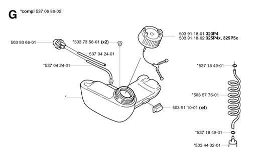 Fuel Tank Diagram and Parts List for 325P 20021800001-20042299999 Husqvarna Pole Saw
