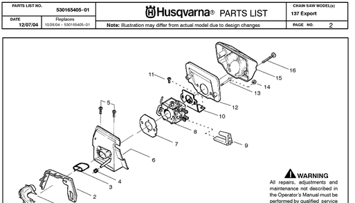 Carburetor And Air Filter Diagram and Parts List for 137 20050100001-20064900000 Husqvarna Chainsaw