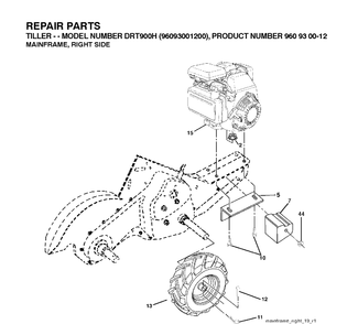 Mainframe, Right Side Diagram and Parts List for DRT900H (96093001201)(2010-10) Husqvarna Cultivator