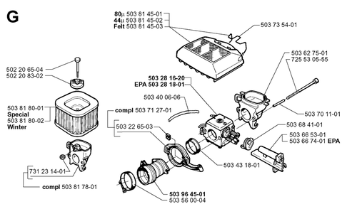 Carburetor And Air Filter Diagram and Parts List for 371XP 19991800001 & Above Husqvarna Chainsaw