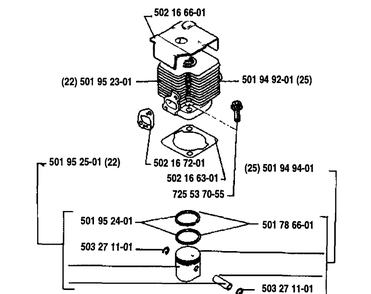 Piston/Cylinder Diagram and Parts List for 25RD 1989-10 Husqvarna Brush Cutter
