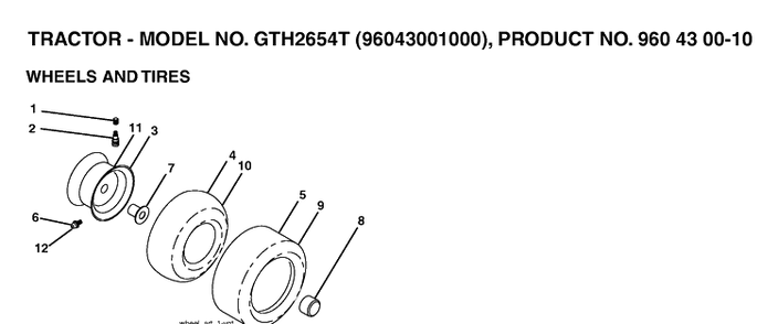 Wheels And Tires Diagram and Parts List for GTH2654T (96043001000)(2006-01) Husqvarna Lawn Tractor