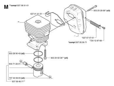 Cylinder, Piston And Muffler Diagram and Parts List for 326HE4X 20054000001 - 20090900000 Husqvarna Hedge Trimmer