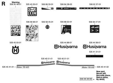 Decals Diagram and Parts List for R15-V2 (953533701)(2006-05) Husqvarna Lawn Tractor