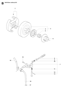 Clutch And Oil Pump Diagram and Parts List for 353 20071300001-20090400000 Husqvarna Chainsaw