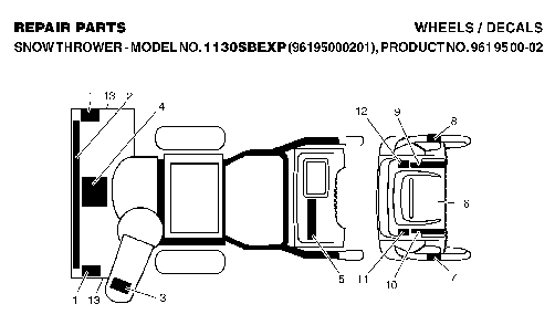 Decals Diagram and Parts List for 1130SBEXP (96195000201, 961950002)(2006-10) Husqvarna Snow Blower