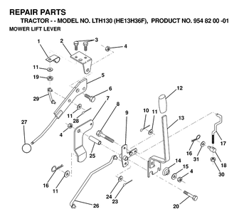 Mower Lift / Deck Lift Diagram and Parts List for LTH130 (HE13H36F)(1998-12) Husqvarna Lawn Tractor