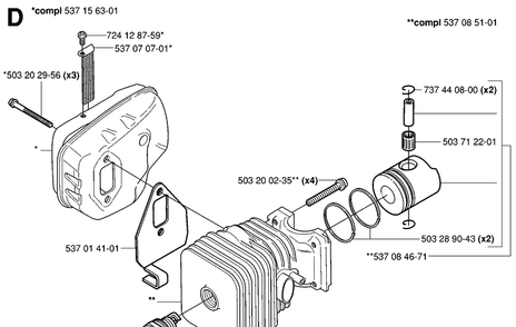 Cylinder, Piston And Muffler Diagram and Parts List for 326HD75 (X-SERIES)(20020500001-20030100000) Husqvarna Hedge Trimmer