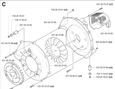 Fan Diagram and Parts List for 125BT (TH026D-AC57)(20041800001-Current) Husqvarna Leaf Blower / Vacuum