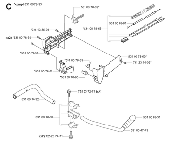 Handle And Controls Diagram and Parts List for 132R 20050100001 & Above Husqvarna Trimmer