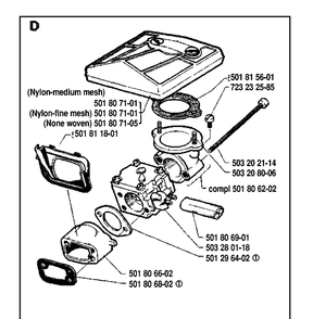 Carburetor And Air Filter Diagram and Parts List for 288 19911400001-19933600000 Husqvarna Chainsaw