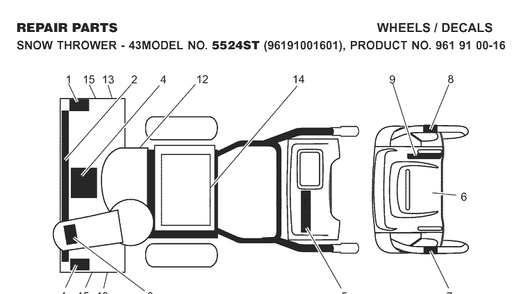 Decals Diagram and Parts List for 5524ST (96191001601)(2007-10) Husqvarna Snow Blower
