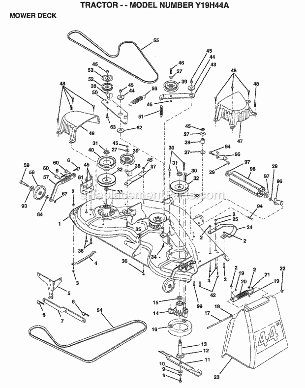 Mower Deck Diagram and Parts List for Y19H44A 1995 Husqvarna Lawn Tractor