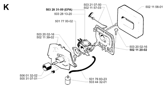 Carburetor And Air Filter Diagram and Parts List for 240 20010100001 & Above Husqvarna Trimmer