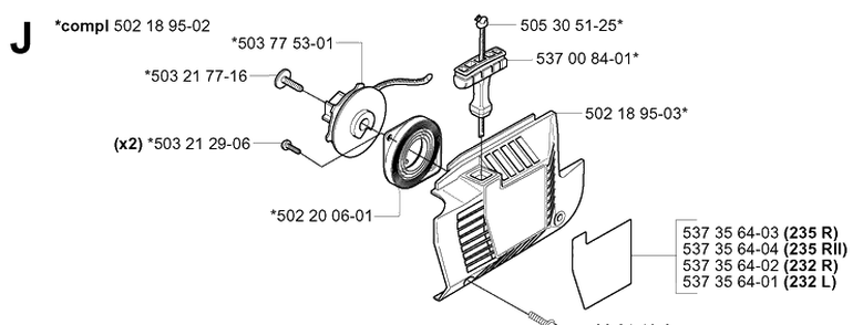 Starter Diagram and Parts List for 232L 20060100001-20070100000 Husqvarna Edger