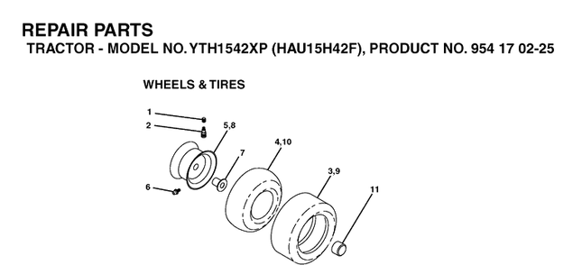 Wheels And Tires Diagram and Parts List for YTH1542XP (HAU15H42F)(2004-09) Husqvarna Lawn Tractor