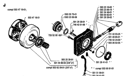 Clutch And Oil Pump Diagram and Parts List for 288 19933600001-19974900000 Husqvarna Chainsaw