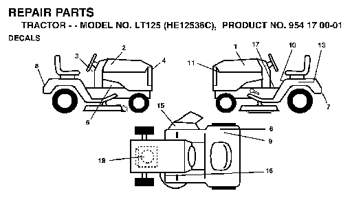 Decals Diagram and Parts List for LT125 (HE12536C, 954170001)(1998-03) Husqvarna Lawn Tractor