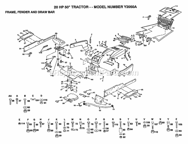 20hp 50" Tractor-Frame/Fender/Drawbar Diagram and Parts List for Y2050A 1992 Husqvarna Lawn Tractor