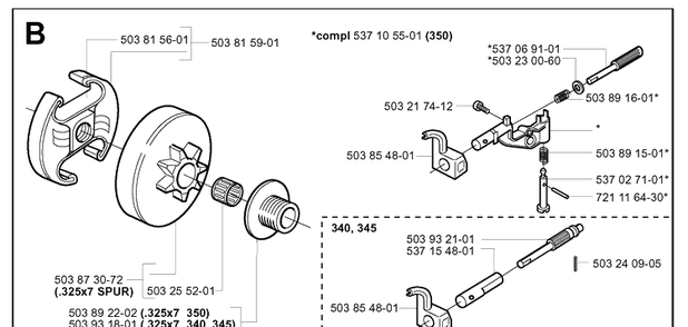Clutch And Oil Pump Diagram and Parts List for 345 20013500001-20030100000 Husqvarna Chainsaw