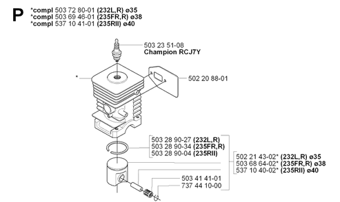 Cylinder Piston Diagram and Parts List for 232L 20070100001-Current Husqvarna Edger