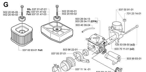Carburetor And Air Filter Diagram and Parts List for 385XP 20011300001-20034000000 Husqvarna Chainsaw