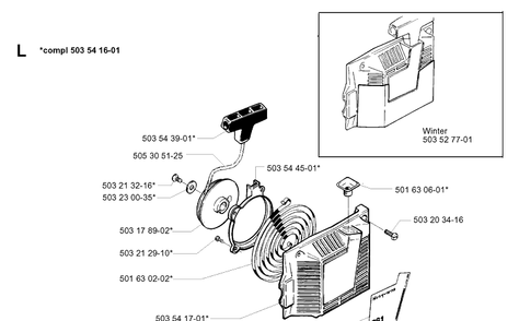 Starter Diagram and Parts List for 261 19981000001-19992399999 Husqvarna Chainsaw