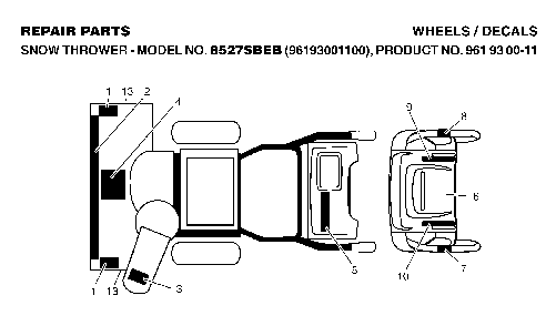 Decals Diagram and Parts List for 8527SBEB (96193001100, 961930011)(2005-12) Husqvarna Snow Blower